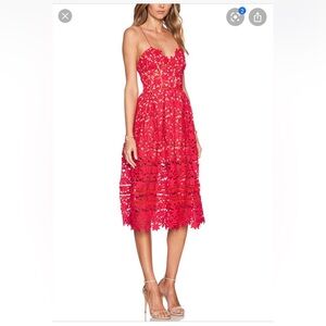 BNWT Self-Portrait Red Azalea Floral Lace Midi Dress. Size 6.